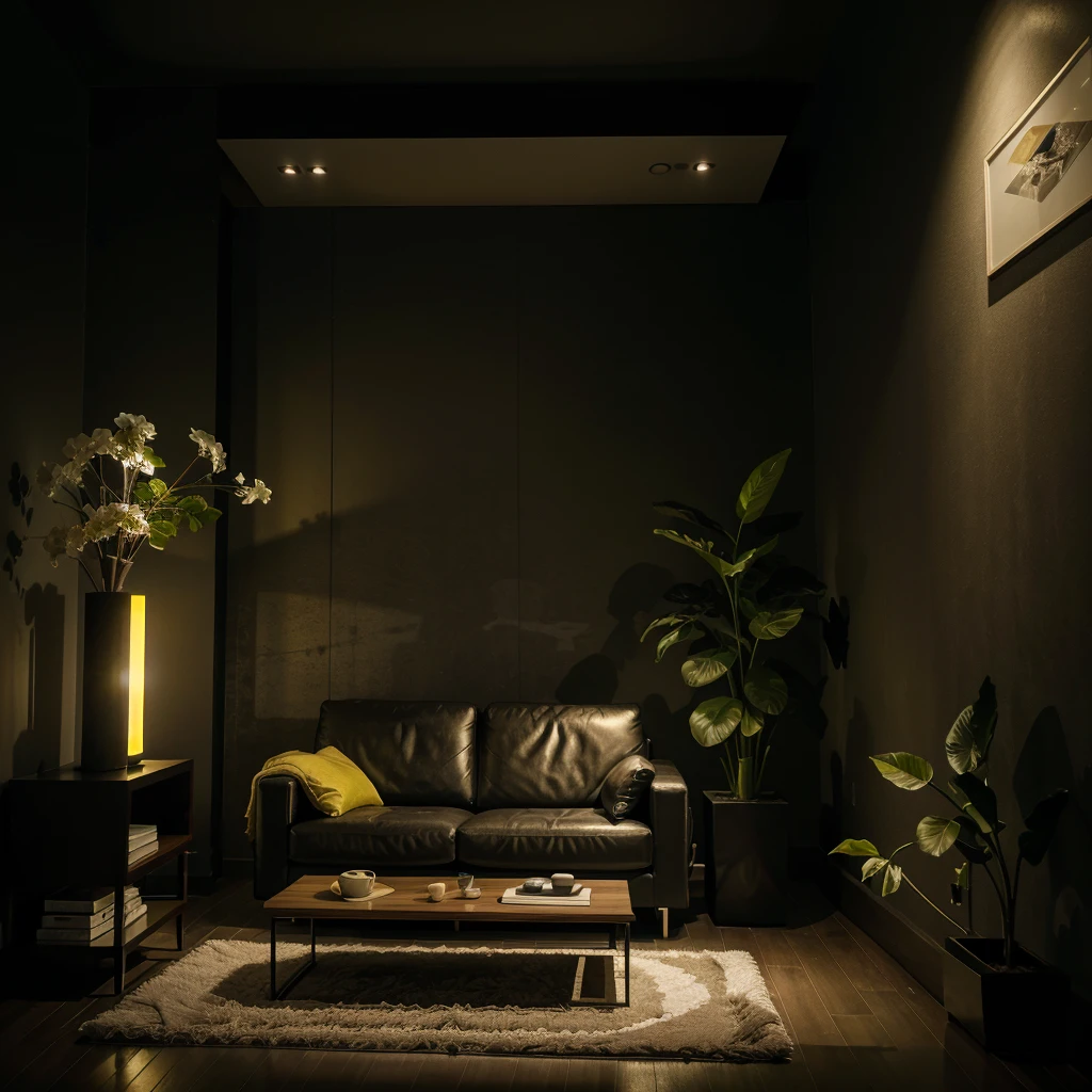 Futuristic living room at night, with a dim yellow ambient lighting, flowering plants, and a modern art decor on the dark wall