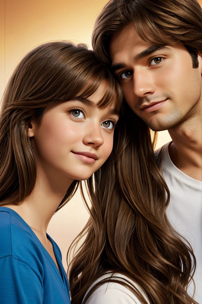 Pixar type poster of a girl with light brown eyes and long light brown hair next to a tall brown haired boy with brown eyes