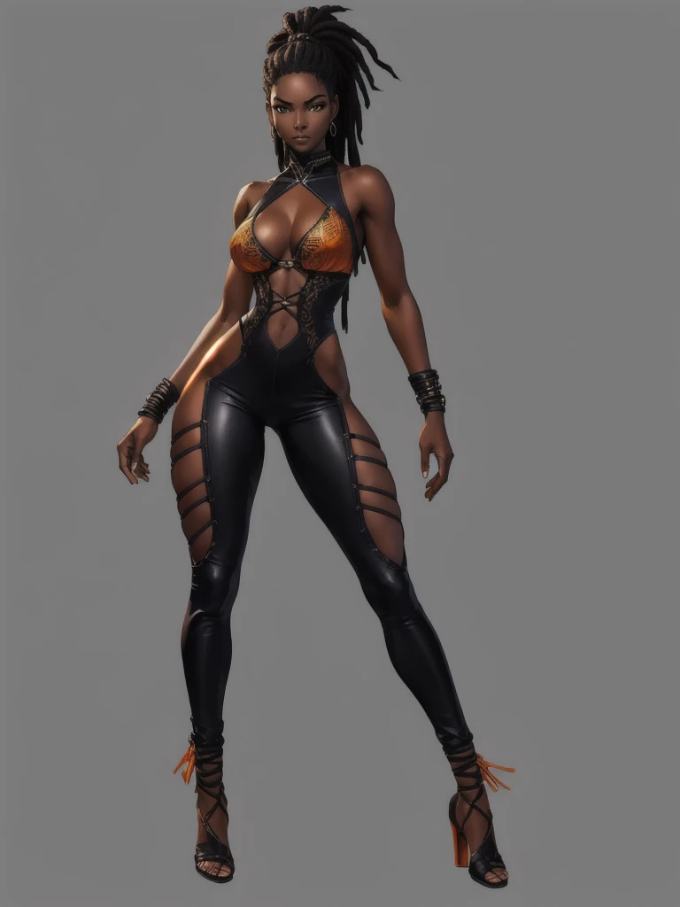 ((best quality)), ((4k)), ((highres)), ((masterpiece:1.2)). ((detailed)), ((ultra realistic)), ((intricate details)), ((full body picture)), ((solo character)), a full body picture of a beautifull Ebony skinned female, black woman, dark skin, ebony princess, ebony model, perfect face, detailed eyes, detailed lips, about 25 years old, about 5'7 ft. tall, long thin black dreadlocks down to her hips, ((emphasis on her long thin black dreadlocks down to her hips)), pretty, feminine woman, toned body but not too muscular looking, hourglass figure, dressed in a skin-tight sleeveless full body orange jumpsuit, ((emphasis on the skin-tight sleeveless full body orange jumpsuit)), gold adornments, showing cleavage, glamorous, strappy lace up high, fighting game character concept art, tekken character design, the king of fighters character concept, full bofy, full body concept art, full body art