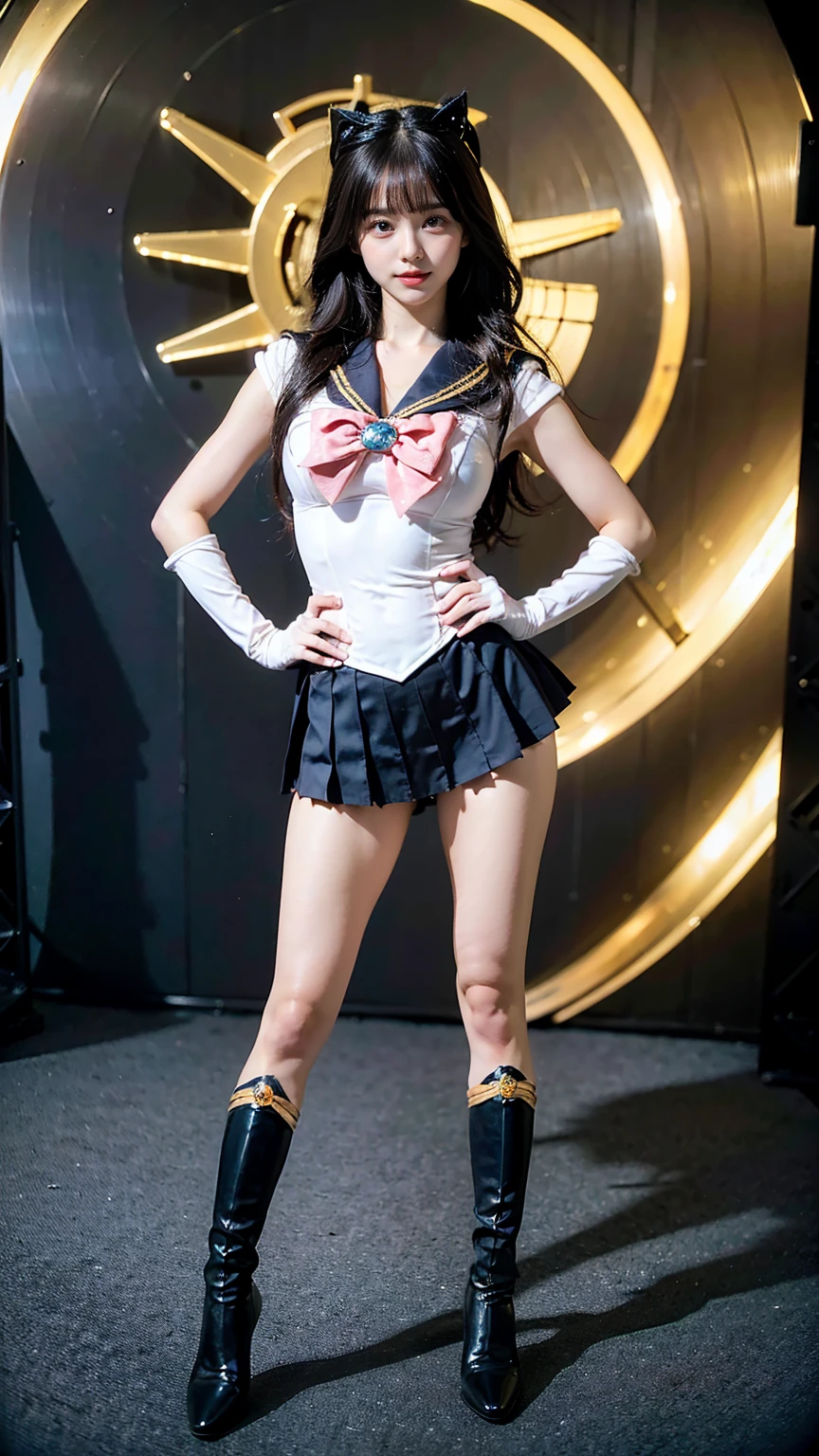 (8K、RAW Photos、Highest quality、masterpiece:1.2)、(Realistic、Realistic)、1 Girl、((Sailor Moon Costume:1.2、Thin legs、whole body、View from the front、smile、Looking into the camera、Stand with hands on hips))、cute
