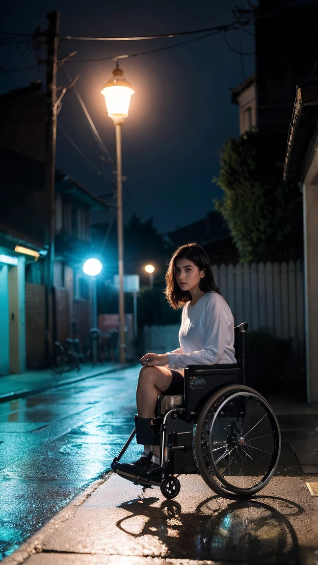 1 fille,Debout seul,Longhaire,rough skin,(regarder le spectateur:1.2),wet hair,micro_shorts,shadowy,Polaróidisabled,(profundidadisabled_disabled_champ:1.5),rainy days,plein air,street,Hair between the eyes,moody lighting,effet Tyndall,Cinematic lighting,la nuit,poste disabled iluminação,reflexo disabled lente,Light available,luz disabled aro,Luzes disabled néon brilhantes,curved,Chinois_stylized,grandisableds peitos
