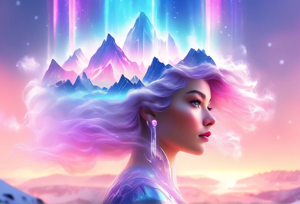 Model shooting style, (extremely detailed 8k cg wallpape),extreme light，1girll，Stand under the iceberg，Admire the beautiful Northern Lights，Personachi Cyberpunk [Snow-capped mountain landscape with fog：Transparent ethereal girl，snow mountains：0.33] Immerse yourself in the beautiful aurora，Live in the clouds of the starry sky，Behind the clouds，（Doubleexposure：1.3），The face blends in with the aurora，Snow-capped mountains are superimposed，Multiple elements blend the image，photography of：Brandon Woelfelmist，Surreal dreams，Gray atmosphere，Rainy days，dyna，lute，hdr，hyperrealistic fantasy art，Epic digital fantasy art style，Beautiful sci-fi art, Science-fi digital art illustration,science fiction digital painting, futuristic digital painting, futuristic concept art, In front of a snow-capped sci-fi mountain landscape, science fiction digital art, Fantastic transparent ethereal girl