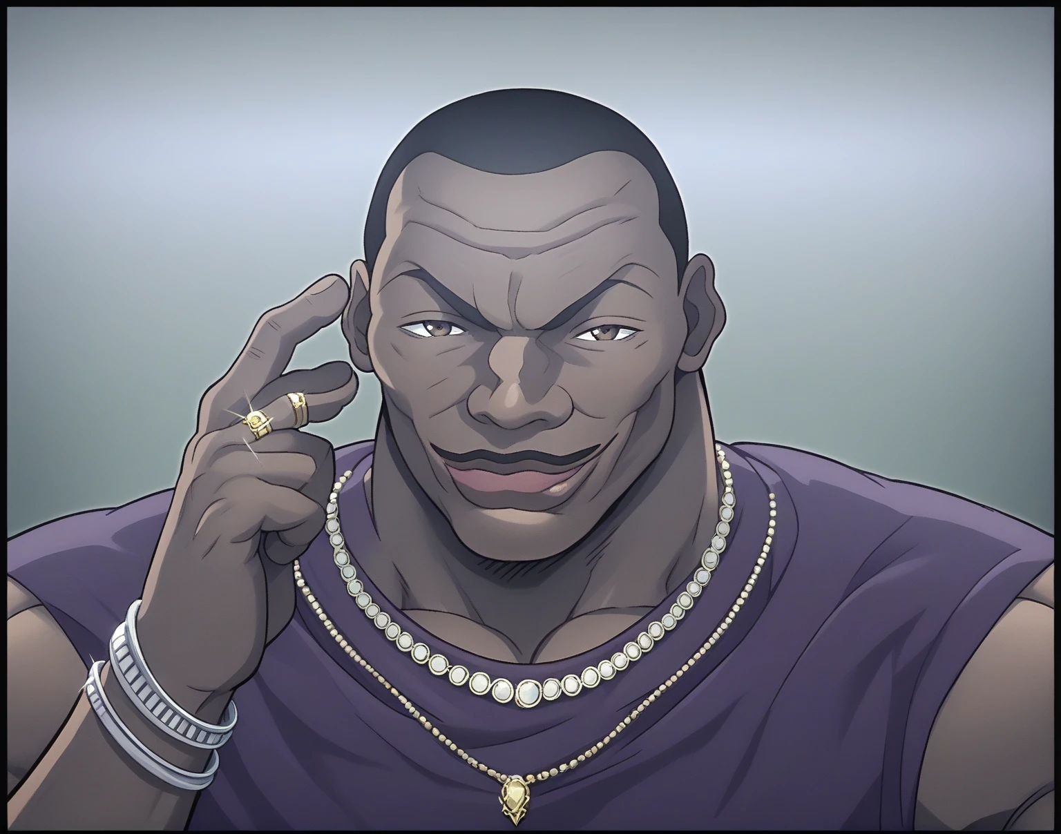 score_9, score_8_up, score_7_up, olivabiscuit, 1boy, solo, purple shirt, necklaces, ring, bracelets, gold, brown eyes, male focus, SkylerWhiteYo, lips, closed mouth, smile, looking at viewer, short hair, black hair, dark skin, facial hair, dark-skinned male, muscular male, bara, bald, manly, veins, meme, hand focus, pointing at self, dynamic lighting, glare, extremely detailed, portrait, green background,