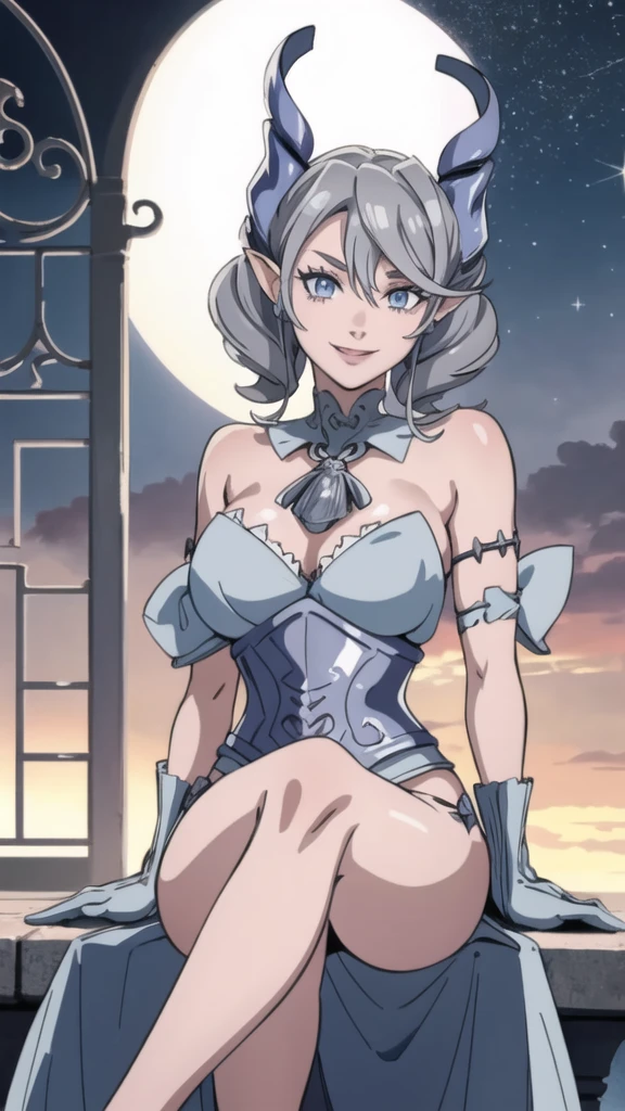 Beautiful arts wallpaper Sunset Outside castle top  High level image quality　best image quality　8K　 adult woman   silver castle outside  more colors   whole body view　portrait　 bikini blue   　horn    ears  　short hair（（shortcut）（gray hair）（perm）（fluffy））　eye color is blue ,  , 　attractive evil face , smile   ,  heroic stance   ,  labrynth ,  barearm  ,gloves   , wearing pink   , sitting , 