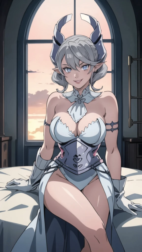 Beautiful arts wallpaper Sunset Outside castle top High level image quality best image quality 8K adult woman silver castle outside more colors whole body view portrait bikini blue horn ears short hair((shortcut)(gray hair)(perm)(fluffy)) eye color is blue , , attractive evil face , smile , heroic stance , labrynth , barearm ,gloves , wearing pink , sitting ,
