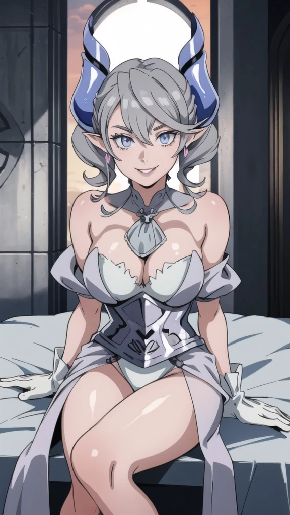 Beautiful arts wallpaper Sunset Outside castle top High level image quality best image quality 8K adult woman silver castle outside more colors whole body view portrait bikini blue horn ears short hair((shortcut)(gray hair)(perm)(fluffy)) eye color is blue , , attractive evil face , smile , heroic stance , labrynth , barearm ,gloves , wearing pink , sitting ,