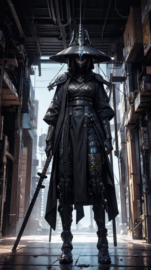 A nomadic robot, in the desert, wearing a messy shawl, holding a staff, wearing a large metal hat, rough, rusty, dusty body, thin frame, tall, cyberpunk, Cyborg., Surreal version of a woman holding a sword in her hand, very beautiful cyberpunk samurai, anime cyberpunk art, cyberpunk samurai, cyberpunk anime art, cyberpunk anime, cgsociety 9, technical cyberpunk anime art number, maciej's style kuciara.1girl, samurai armor, demon mask helmet, intricate decorations, details, cool colors, metallic, Egyptian details, extremely intricate details, sleek realistic lighting , trends in cgs society, glowing eyes, facing camera, neon details, surreal details, full body portraits, Japanese atmosphere, global illumination, shadows, octane rendering, 8k, super sharp. great lolita.fix body
