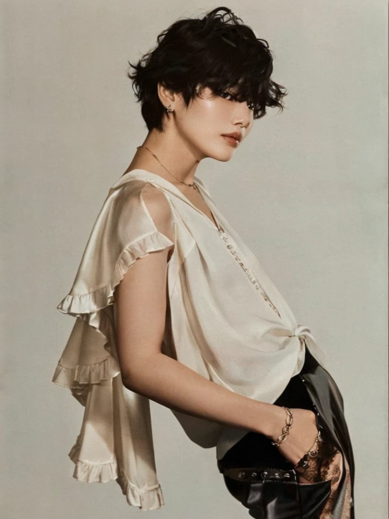 araffe woman with short hair wearing white blouse and black pants, delicate androgynous prince, inspired by Fuyuko Matsui, Tae June Kim, Art of Kawakubo, heonhwa choe, Jinyoung Shin, photo shoot for Vogue magazine, vogue magazine photo, hye kyo song, maggie cheung, cute androgynous prince