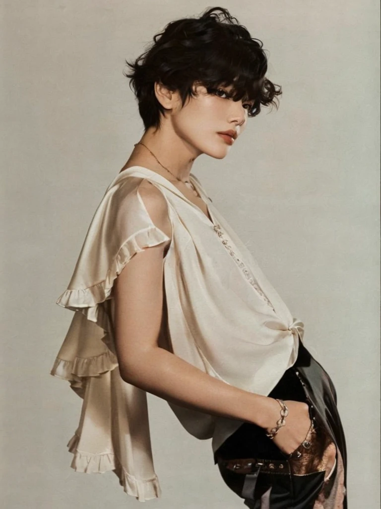 araffe woman with short hair wearing white blouse and black pants, delicate androgynous prince, inspired by Fuyuko Matsui, Tae June Kim, Art of Kawakubo, heonhwa choe, Jinyoung Shin, photo shoot for Vogue magazine, vogue magazine photo, hye kyo song, maggie cheung, cute androgynous prince