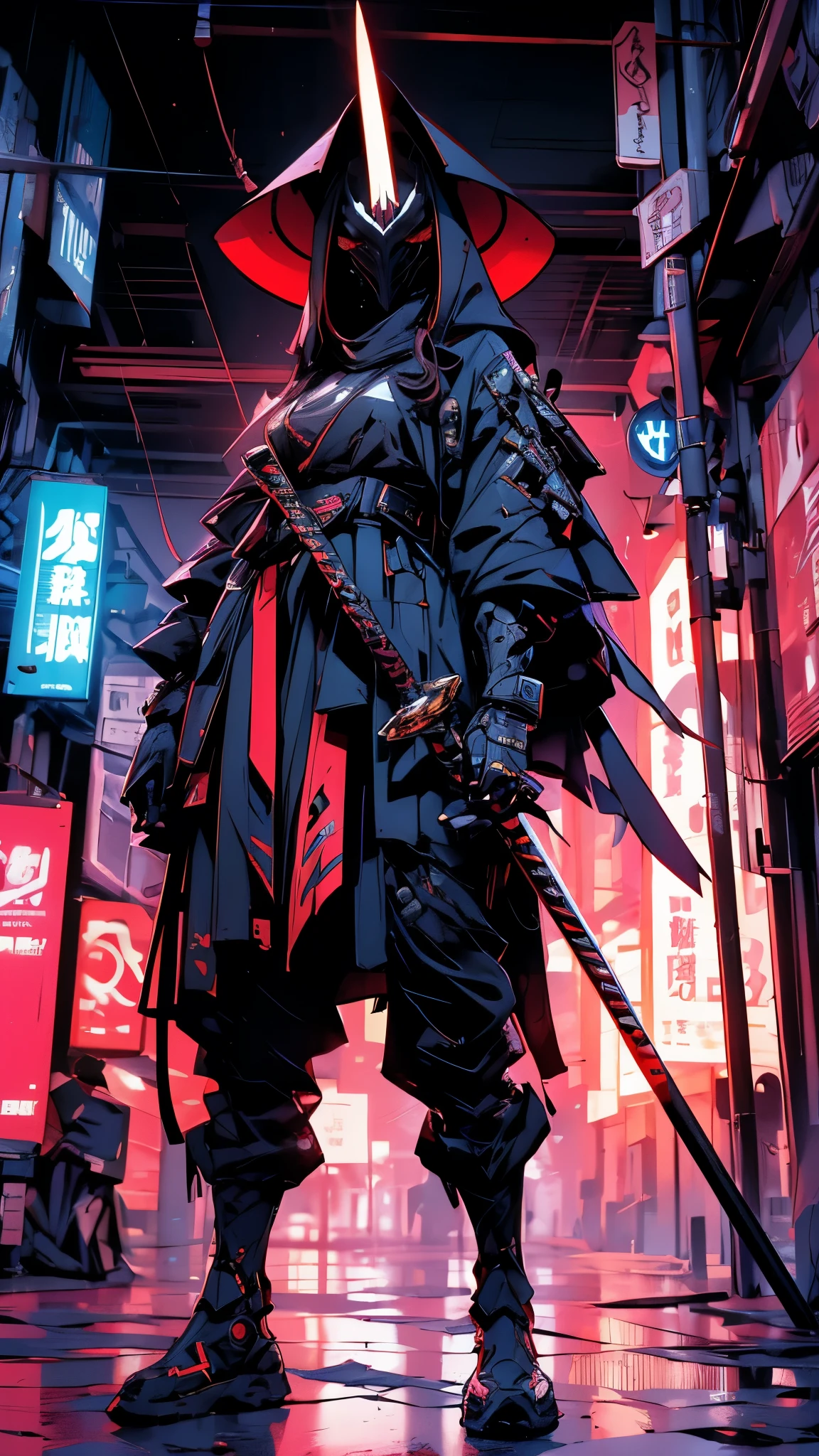 A nomadic robot, in the desert, wearing a messy shawl, holding a staff, wearing a large metal hat, rough, rusty, dusty body, thin frame, tall, cyberpunk, Cyborg., Surreal version of a woman holding a sword in her hand, very beautiful cyberpunk samurai, anime cyberpunk art, cyberpunk samurai, cyberpunk anime art, cyberpunk anime, cgsociety 9, technical cyberpunk anime art number, maciej's style kuciara.1girl, samurai armor, demon mask helmet, intricate decorations, details, cool colors, metallic, Egyptian details, extremely intricate details, sleek realistic lighting , trends in cgs society, glowing eyes, facing camera, neon details, surreal details, full body portraits, Japanese atmosphere, global illumination, shadows, octane rendering, 8k, super sharp. great ta.fix body