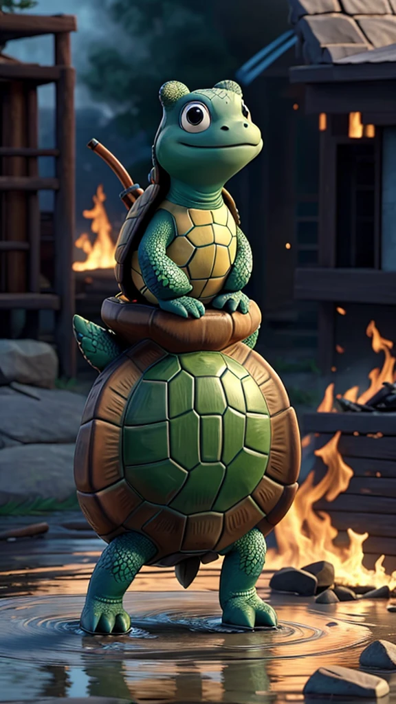 A turtle carrying water to put out a fire.