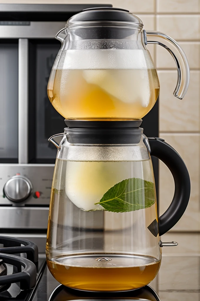 a transparent kettle with ginger root inside, boiling water, on top of a stove