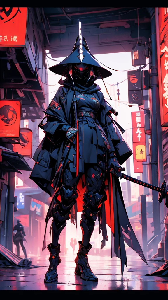 A nomadic robot, in the desert, wearing a messy shawl, holding a staff, wearing a large metal hat, rough, rusty, dusty body, thin frame, tall, cyberpunk, Cyborg., Surreal version of a woman holding a sword in her hand, very beautiful cyberpunk samurai, anime cyberpunk art, cyberpunk samurai, cyberpunk anime art, cyberpunk anime, cgsociety 9, technical cyberpunk anime art number, maciej's style kuciara.1girl, samurai armor, demon mask helmet, intricate decorations, details, cool colors, metallic, Egyptian details, extremely intricate details, sleek realistic lighting , trends in cgs society, glowing eyes, facing camera, neon details, surreal details, full body portraits, Japanese atmosphere, global illumination, shadows, octane rendering, 8k, super sharp. great lolita.fix body