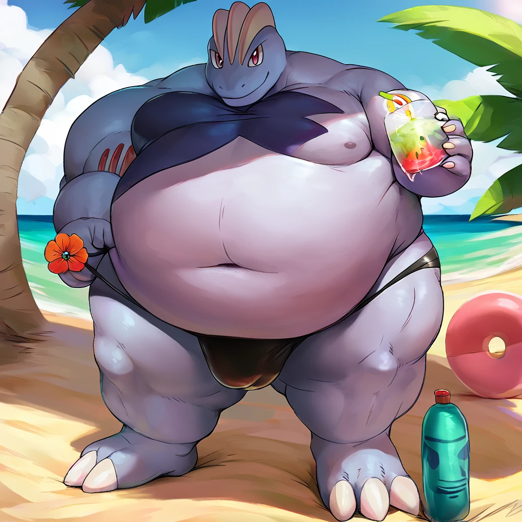 score_9_up, solo, male Machoke, anthro, male, pokemon, pokemon \(species\), generation 1 pokemon, shirtless, black speedo, holding protein drink out toward viewer, confident pose, proud expression, beach, protein drink advert pov, inflating, blimpbelly