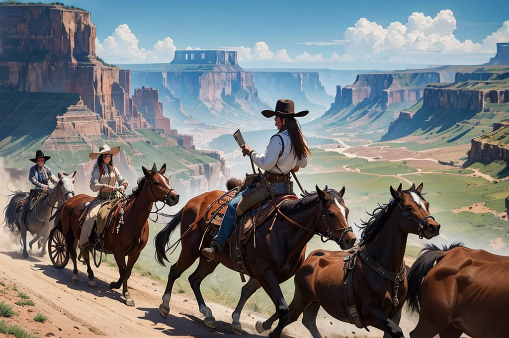 wild West, Cowboy chasing cattle on horseback, COW, Tour, calf, (Mesa), (Best Quality), (ultra high detail), Apache Indians watching from a distance