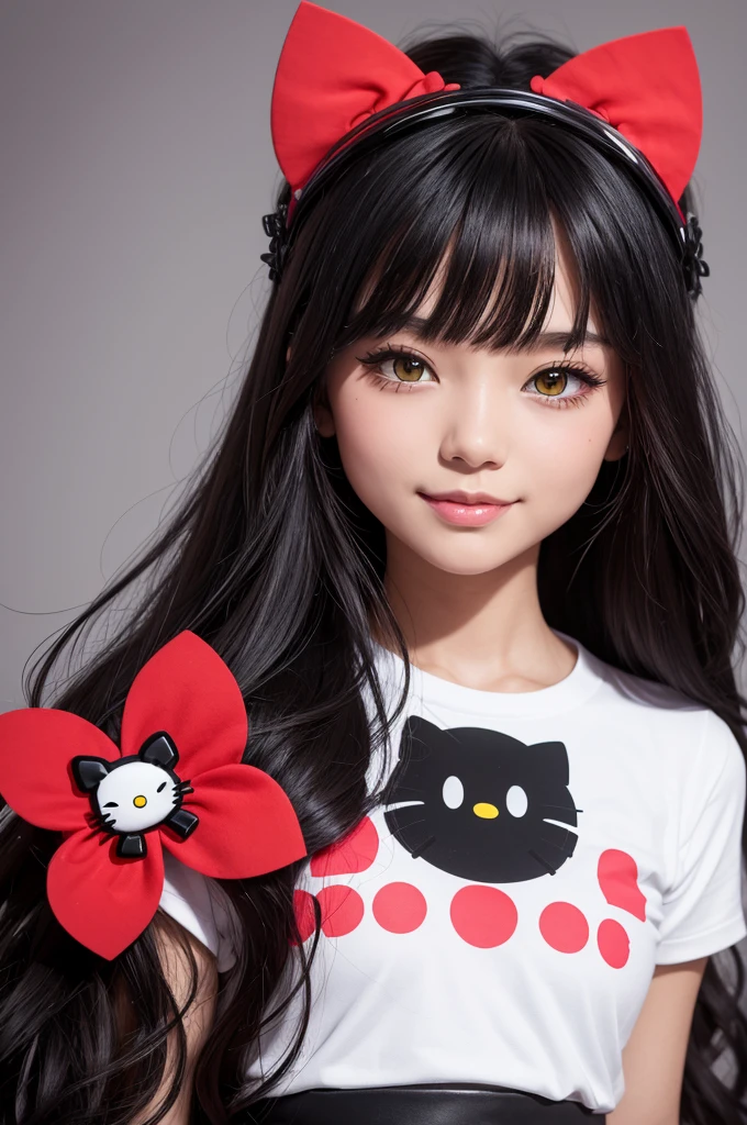 Roblox inspired character with long hair "blackw" with highlights "vermelha" with a hello kitty top with a flower crown and cheerful