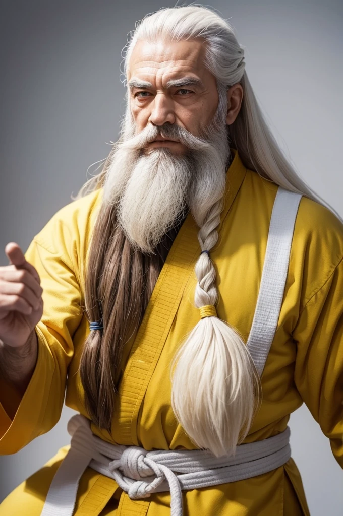 Create an elder with long hair and beard, and white, Martial arts master with yellow clothes 