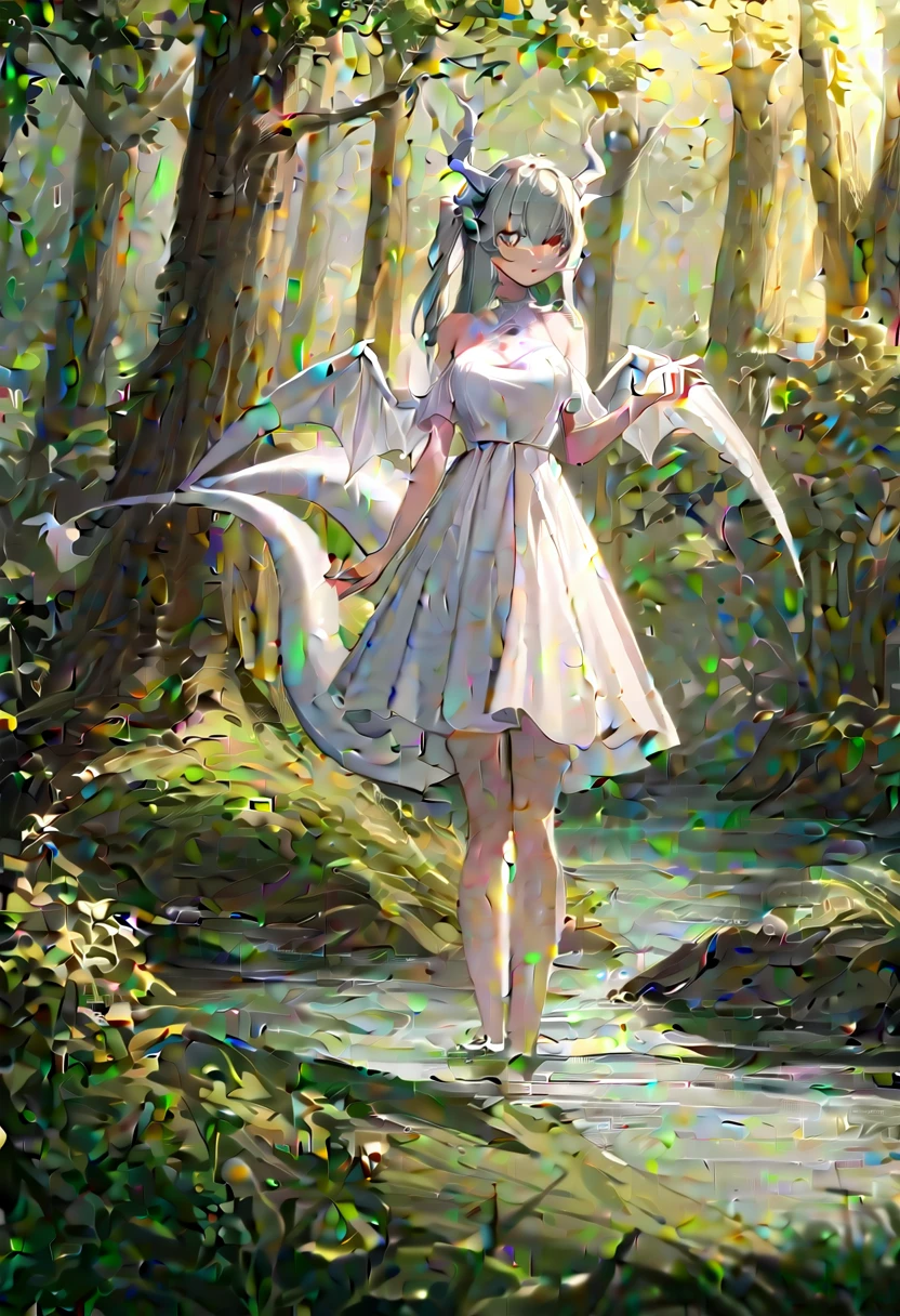 1 girl,
soil, dragon girl, dragon tail, dragon wings, white dragon horns, white dress, long hair, side up, river, tree, forest,
masterpiece, best quality, absurdities, high resolution, recent, latest, sensitive