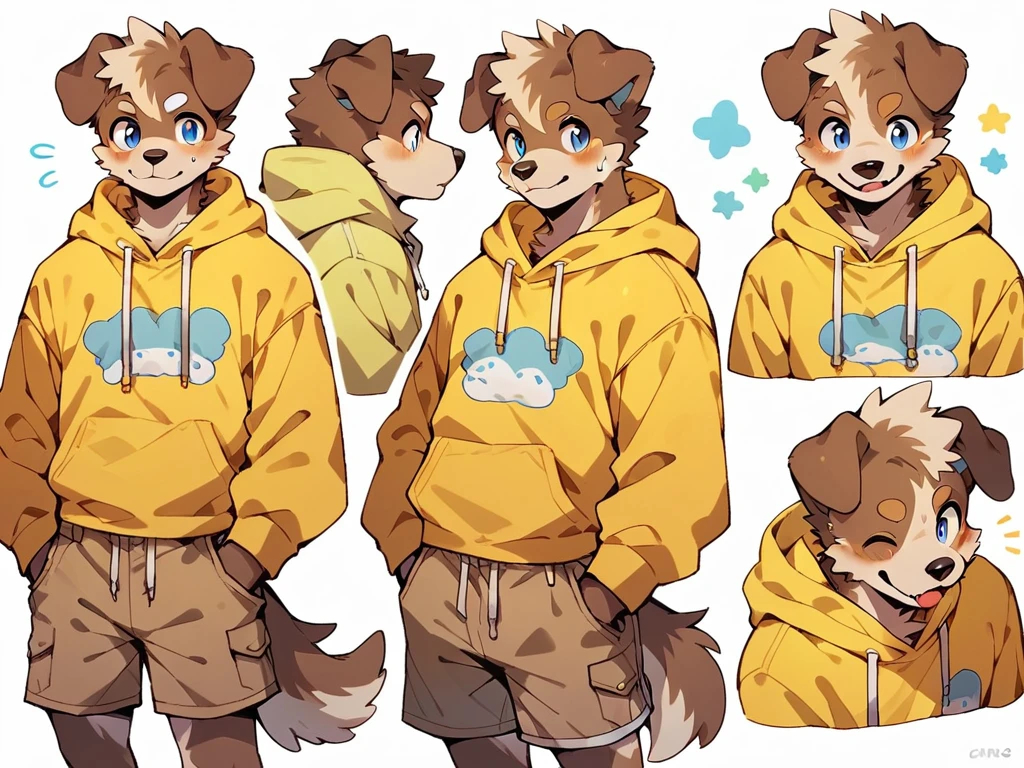 score_9, score_8_up, score_7_up, high quality, hires, anthro, male, domestic dog, brown fur, blue eyes, yellow hoodie, brown shorts, white background,