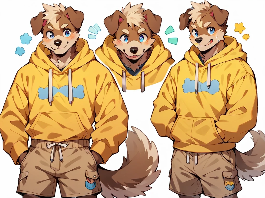 score_9, score_8_up, score_7_up, high quality, hires, anthro, male, domestic dog, brown fur, blue eyes, yellow hoodie, brown shorts, white background,