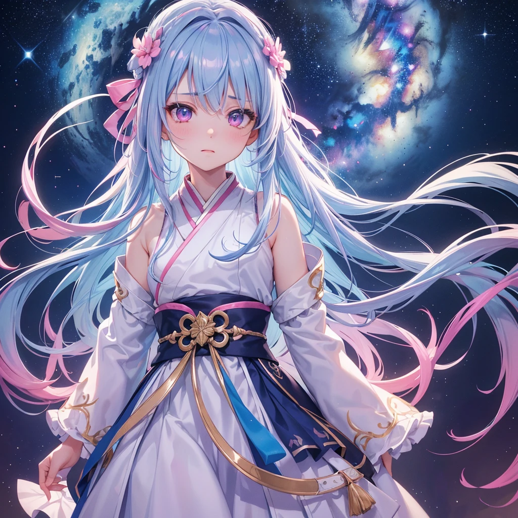 Sky blue braid hair,(Pink Eyes),Fair skin ,(whole body),(One girl),Hanfu,Tanabata,(The beautiful, sparkling Milky Way in the night sky),Lonely Eyes,,(masterpiece, Highest quality, Very detailed, Best Shadow), (Detailed Background), (Beautifully detailed face), High Contrast, (Best lighting, Very delicate and beautiful), ((Cinematic Light)), colorful, Hyper Detail, Dramatic Light, Intricate details,