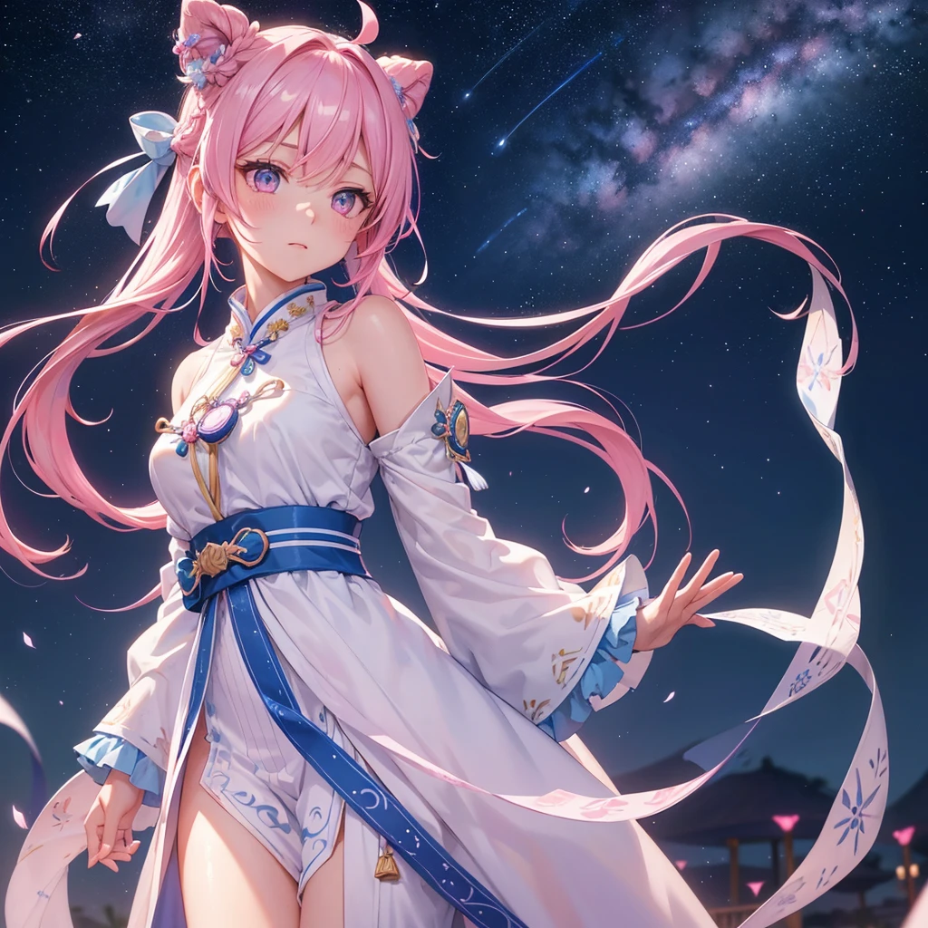 Sky blue braid hair,(Pink Eyes),Fair skin ,(whole body),(One girl),Hanfu,Tanabata,(The beautiful, sparkling Milky Way in the night sky),Lonely Eyes,,(masterpiece, Highest quality, Very detailed, Best Shadow), (Detailed Background), (Beautifully detailed face), High Contrast, (Best lighting, Very delicate and beautiful), ((Cinematic Light)), colorful, Hyper Detail, Dramatic Light, Intricate details,