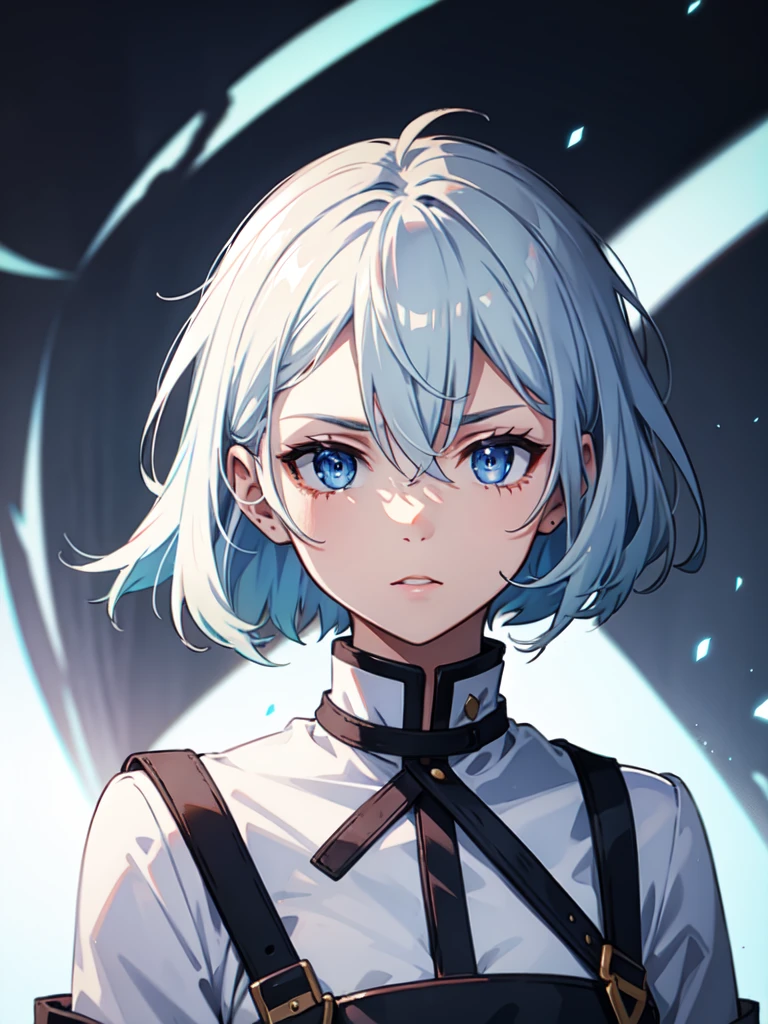 1 girl, white hair, sharp eyes, light blue eyes, bow, serious look, masterpiece, high quality, short hair, white combat uniform 