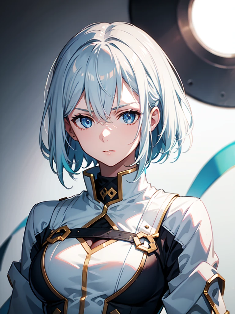 1 girl, white hair, sharp eyes, light blue eyes, bow, serious look, masterpiece, high quality, short hair, white combat uniform 