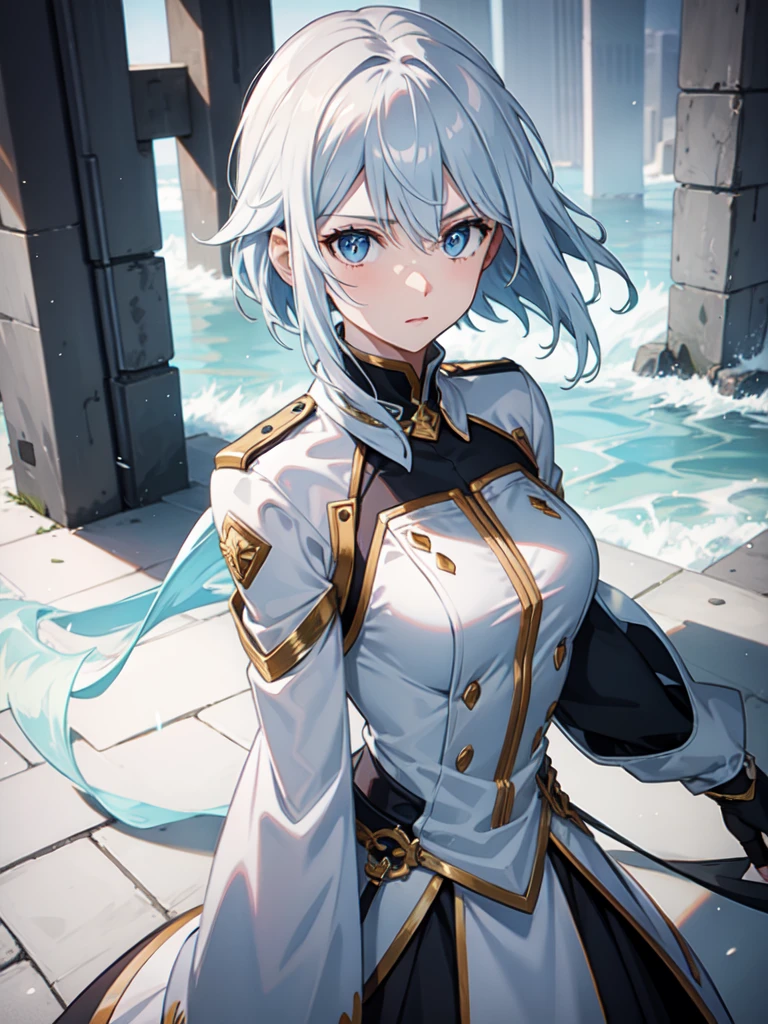 1 girl, white hair, sharp eyes, light blue eyes, bow, serious look, masterpiece, high quality, short hair, white combat uniform 