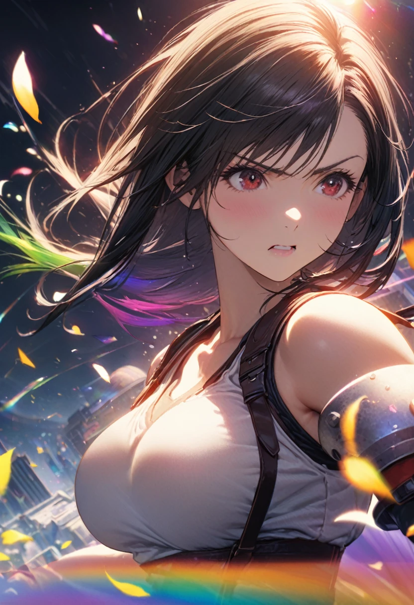 Highest quality, Super quality, 16K, Incredibly absurd, Very detailed, delicate and dynamic, Natural light, Fine particles reflect rainbow colors, Diffuse reflection of light, Vortex of Light, Many rainbow-colored petals fall, Near future city, Shining Sun, 湖面にDiffuse reflection of light, Create amazing image effects, Upper body close-up, (, cute sexy girl, bouncing busts, Sensual expression, passionate, Serious, Vibrant, Tifa Lockhart Final Fantasy VII)