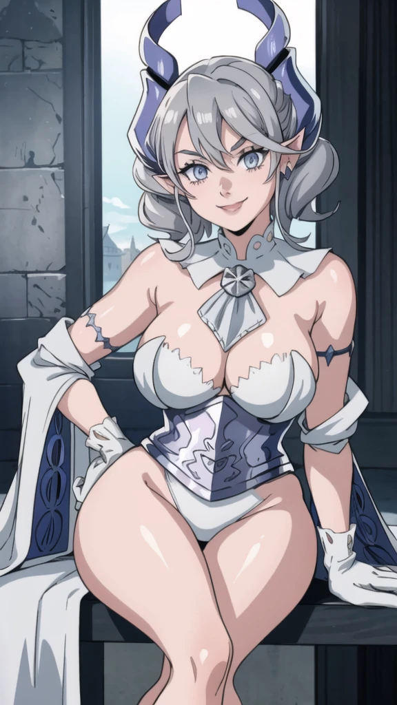 Beautiful arts wallpaper Sunset Outside castle top High level image quality best image quality 8K adult woman silver castle outside more colors whole body view portrait bikini blue horn ears short hair((shortcut)(gray hair)(perm)(fluffy)) eye color is blue , , attractive evil face , smile , heroic stance , labrynth , barearm ,gloves , wearing pink , sitting ,