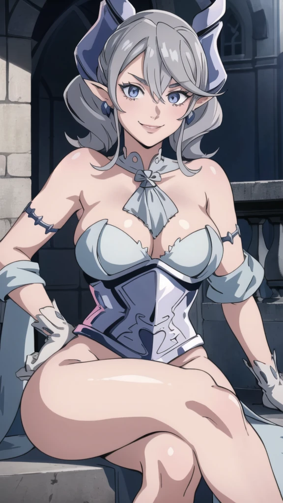 Beautiful arts wallpaper Sunset Outside castle top High level image quality best image quality 8K adult woman silver castle outside more colors whole body view portrait bikini blue horn ears short hair((shortcut)(gray hair)(perm)(fluffy)) eye color is blue , , attractive evil face , smile , heroic stance , labrynth , barearm ,gloves , wearing pink , sitting ,
