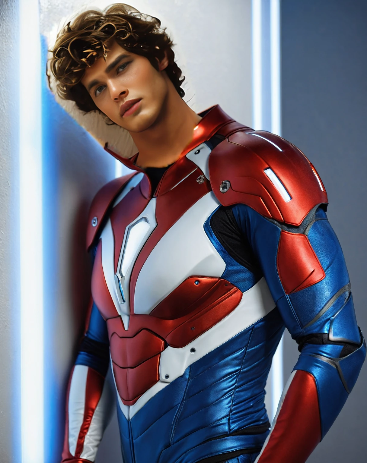 a dynamic photorealistic half-body portrait of 25 years old RYAN DALISH, leaning on a wall, frontal view, of north american origin, caucasian male, light skin, almost a model, in a white and blue futuristic suit, detailed skins, high quality, 4k resolution, photographic, hyperrealistic, dark grey vibrant background, neutral background, color graded background,
