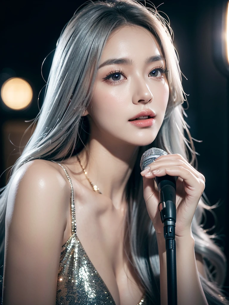 a beautiful woman with long silver hair singing joyfully, detailed realistic portrait, studio, detailed face features, detailed eyes and lips, beautiful glowing skin, detailed cleavage, microphone, photorealistic, 8k, best quality, (realistic:1.37), (masterpiece:1.2), ultra-detailed, cinematic lighting, warm color tones, dramatic lighting