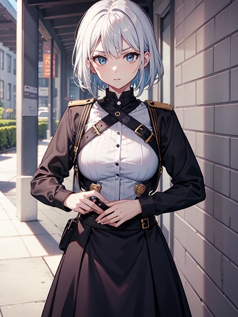 1 girl, white hair, sharp eyes, light blue eyes, bow, serious look, masterpiece, high quality, short hair, black uniform