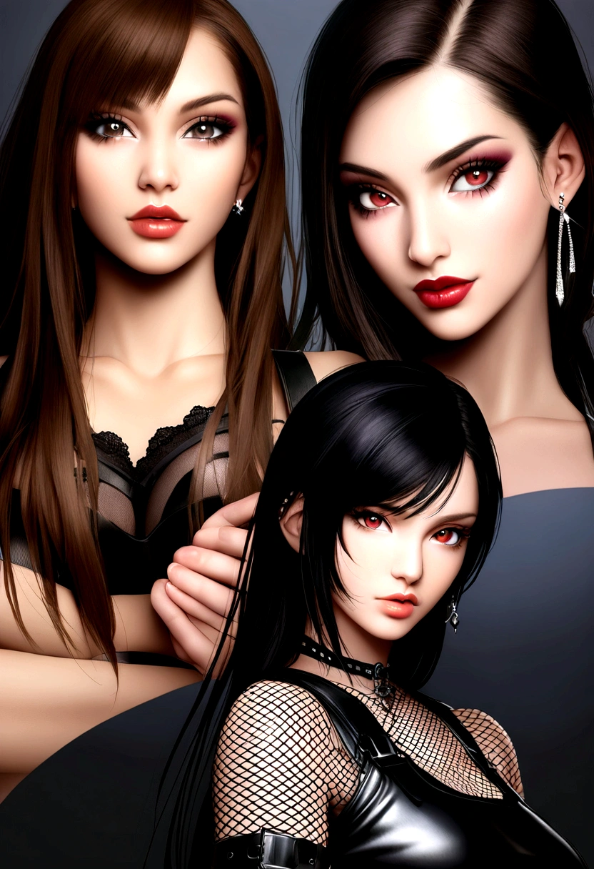 an image of a woman in a fishnet top and fishnet stockings with, seductive tifa lockhart portrait, girl wearing a black dress, fishnet clothes, woman fullbody, portrait of tifa lockhart, tifa lockhart with brown hair, female character, tifa lockhart portrait, woman, goth woman, nico robin, marin kitagawa, waifu, glamorous tifa lockheart, in an realistic style, tifa lockhart, tifa lockheart, 1 7 - year - old goth girl, seductive girl