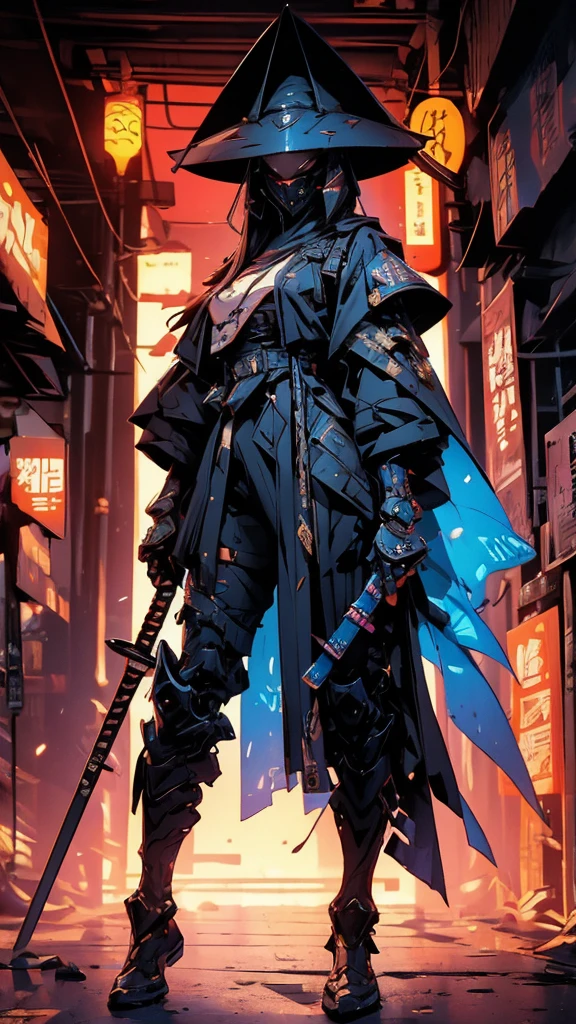 A nomadic robot, in the desert, wearing a messy shawl, holding a staff, wearing a large metal hat, rough, rusty, dusty body, thin frame, tall, cyberpunk, Cyborg., Surreal version of a woman holding a sword in her hand, very beautiful cyberpunk samurai, anime cyberpunk art, cyberpunk samurai, cyberpunk anime art, cyberpunk anime, cgsociety 9, technical cyberpunk anime art number, maciej's style kuciara.1girl, samurai armor, demon mask helmet, intricate decorations, details, cool colors, metallic, Egyptian details, extremely intricate details, sleek realistic lighting , trends in cgs society, glowing eyes, facing camera, neon details, surreal details, full body portraits, Japanese atmosphere, global illumination, shadows, octane rendering, 8k, super sharp. great ta.fix body