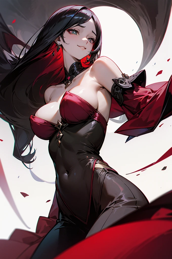 Off-center portrait, Beautiful adult girl, long straight burgundy hair, narrow green eyes, Long eyelashes, a lot of decorations, jewelry, revealing clothes, very large breasts, open bodice, Very deep neckline, open shoulders, insidious satisfied smile, Dark background, pale picture, a lot of details, atmosphere of villainy, shine, tanned skin, Complacency, confidence, pretty haircut, in the background there is an amorphous black creature like a demon