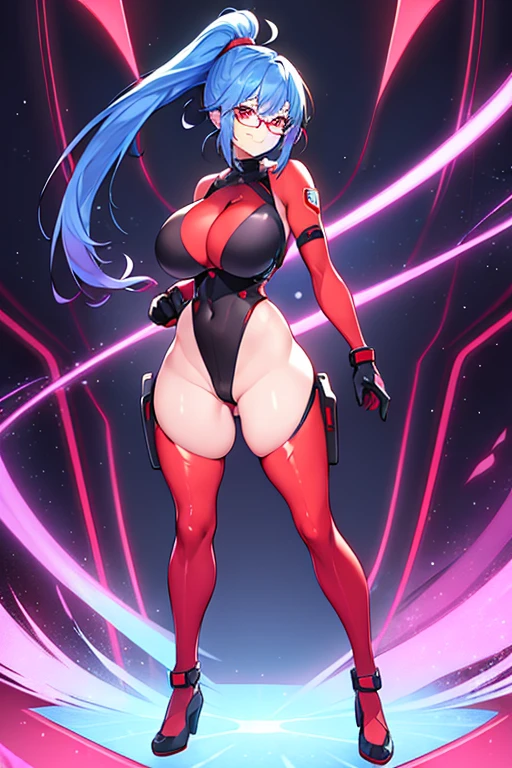1girl, red eyes, blue hair, very short hair, ponytail, large breasts, hourglass figure, bodysuit, black bodysuit, neon, neon trim, machinery, tech, science-fiction, red glasses, futuristic, smile, standing, full body, ((full body)), long ponytail, braided bonytail, braid, single braid, ((long ponytail)), arms down, hands down