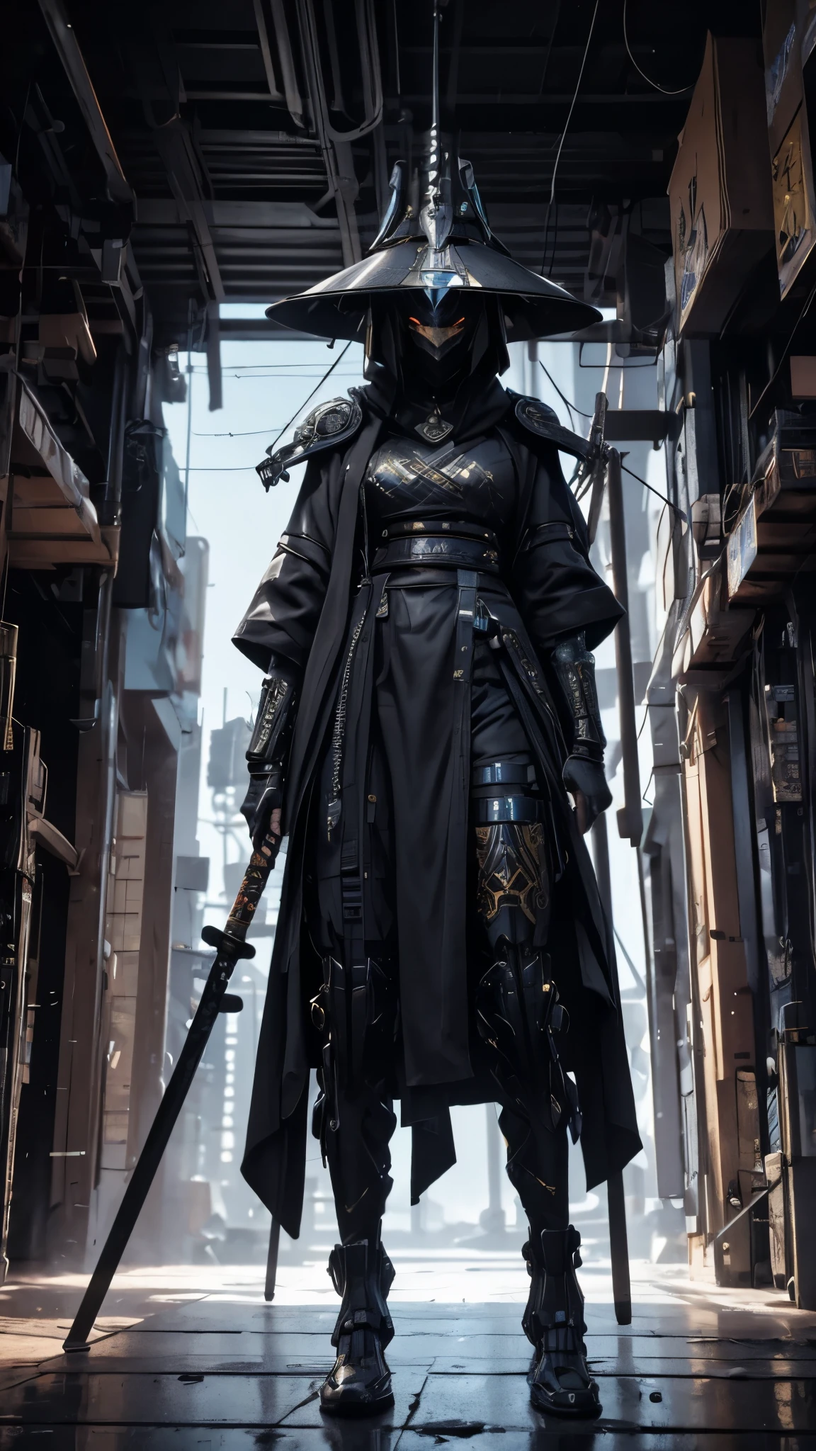 A nomadic robot, in the desert, wearing a messy shawl, holding a staff, wearing a large metal hat, rough, rusty, dusty body, thin frame, tall, cyberpunk, Cyborg., Surreal version of a woman holding a sword in her hand, very beautiful cyberpunk samurai, anime cyberpunk art, cyberpunk samurai, cyberpunk anime art, cyberpunk anime, cgsociety 9, technical cyberpunk anime art number, maciej's style kuciara.1girl, samurai armor, demon mask helmet, intricate decorations, details, cool colors, metallic, Egyptian details, extremely intricate details, sleek realistic lighting , trends in cgs society, glowing eyes, facing camera, neon details, surreal details, full body portraits, Japanese atmosphere, global illumination, shadows, octane rendering, 8k, super sharp. great ta.fix body