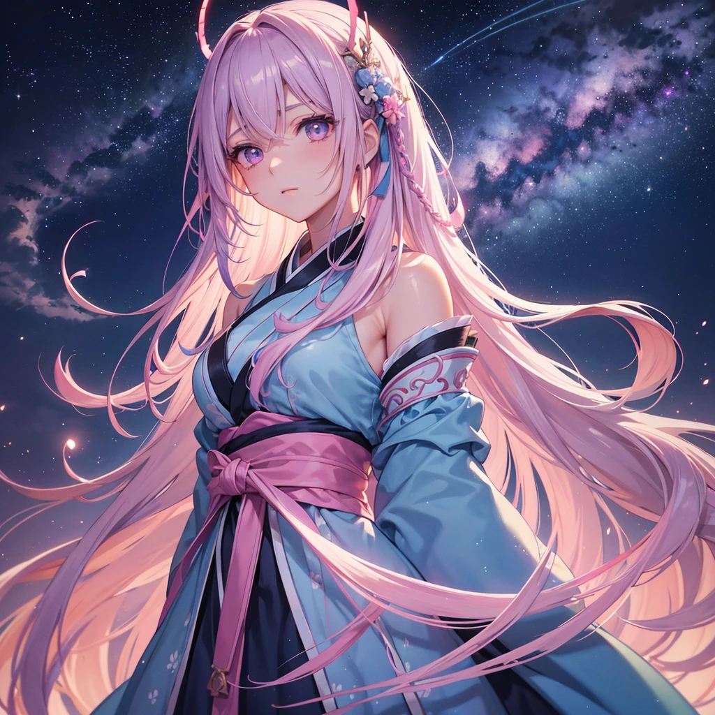 Sky blue braid hair,(Pink Eyes),Fair skin ,(whole body),(One girl),Hanfu,Tanabata,(The beautiful, sparkling Milky Way in the night sky),Lonely Eyes,,(masterpiece, Highest quality, Very detailed, Best Shadow), (Detailed Background), (Beautifully detailed face), High Contrast, (Best lighting, Very delicate and beautiful), ((Cinematic Light)), colorful, Hyper Detail, Dramatic Light, Intricate details,