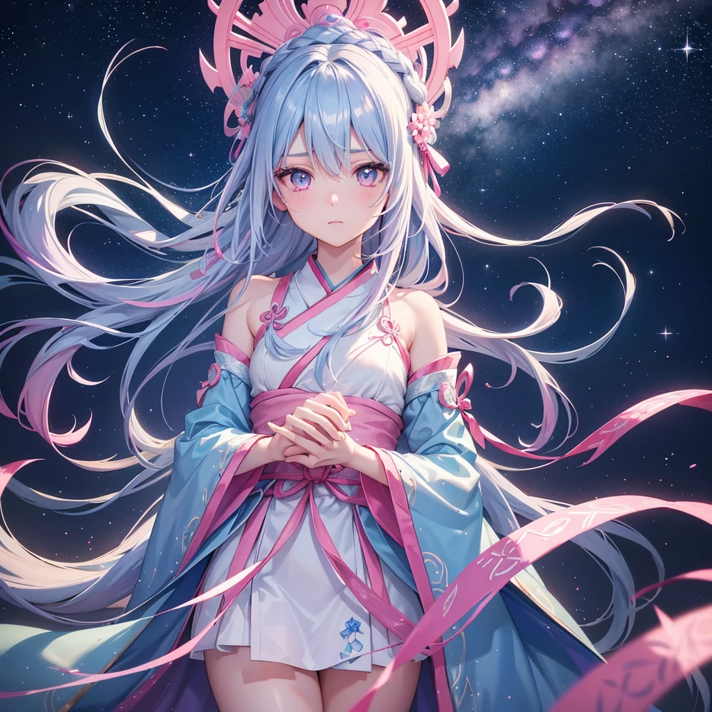 Sky blue braid hair,(Pink Eyes),Fair skin ,(whole body),(One girl),Hanfu,Tanabata,(The beautiful, sparkling Milky Way in the night sky),Lonely Eyes,,(masterpiece, Highest quality, Very detailed, Best Shadow), (Detailed Background), (Beautifully detailed face), High Contrast, (Best lighting, Very delicate and beautiful), ((Cinematic Light)), colorful, Hyper Detail, Dramatic Light, Intricate details,