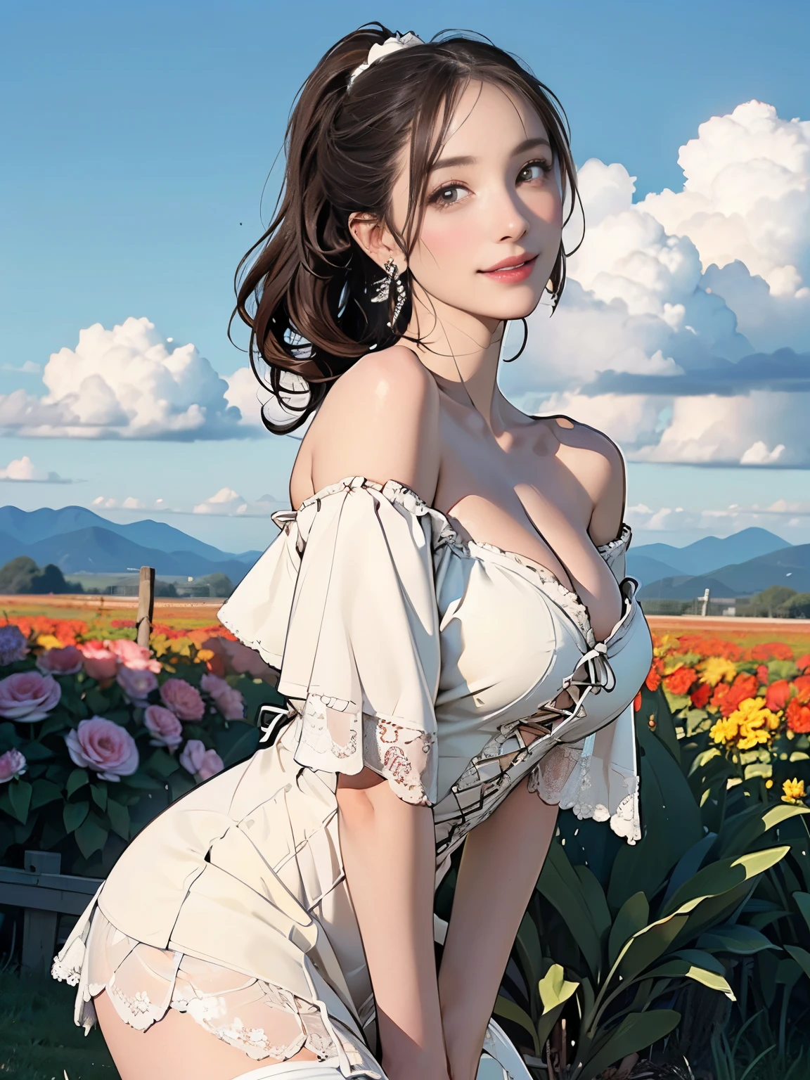 ((((Highest quality))))、(((Ultra-precision CG16K wallpaper)))、(((masterpiece)))、(((Super detailed)))、(((Extreme detail)))、((１Mature 29 year old woman:1.6))、((Very beautiful Japan face of a person))、((Urizane Face:1.8))、((Soft wavy ponytail medium hair:1.6))、(Shiny Hair)、A delicately drawn beautiful face、(Dark Eyes、Detailed pupil and iris、Reflected light from the eye)、double eyelid、High nose、Small nostrils、Small Mouth、Seductive lips、Beautiful breasts、((B cup size breasts))、Cleavage、Delicate nails、Beautiful feet、Thin thighs、eight-headed body、Perfect proportions、Perfect Anatomy、Perfect composition、Beautiful detailed shading、Beautiful, natural lighting、Beautiful detail glow、Depth of written boundary、(((High chroma)))、(((Real:1.9)))、((vivid:1.5))、((Beautiful Skin))、((Skin Texture))、((Realな皮膚感))、(((Cowboy Shot:1.6)))、(((front view、shoot from front、front low angle:1.6)))、(((smile:1.5)))、(((looking at camera:1.6)))、Bright daylight、Natural light、(((background_Flower Field、Mountain、Sky and Clouds:1.5)))、(Gravure idol standing pose:1.6)、(((Cream ivory off-the-shoulder lace-up mini dress:1.7)))、((Scrunchie Ribbon、Wearing earrings:1.5))、((Lace Stockings Clothed))、