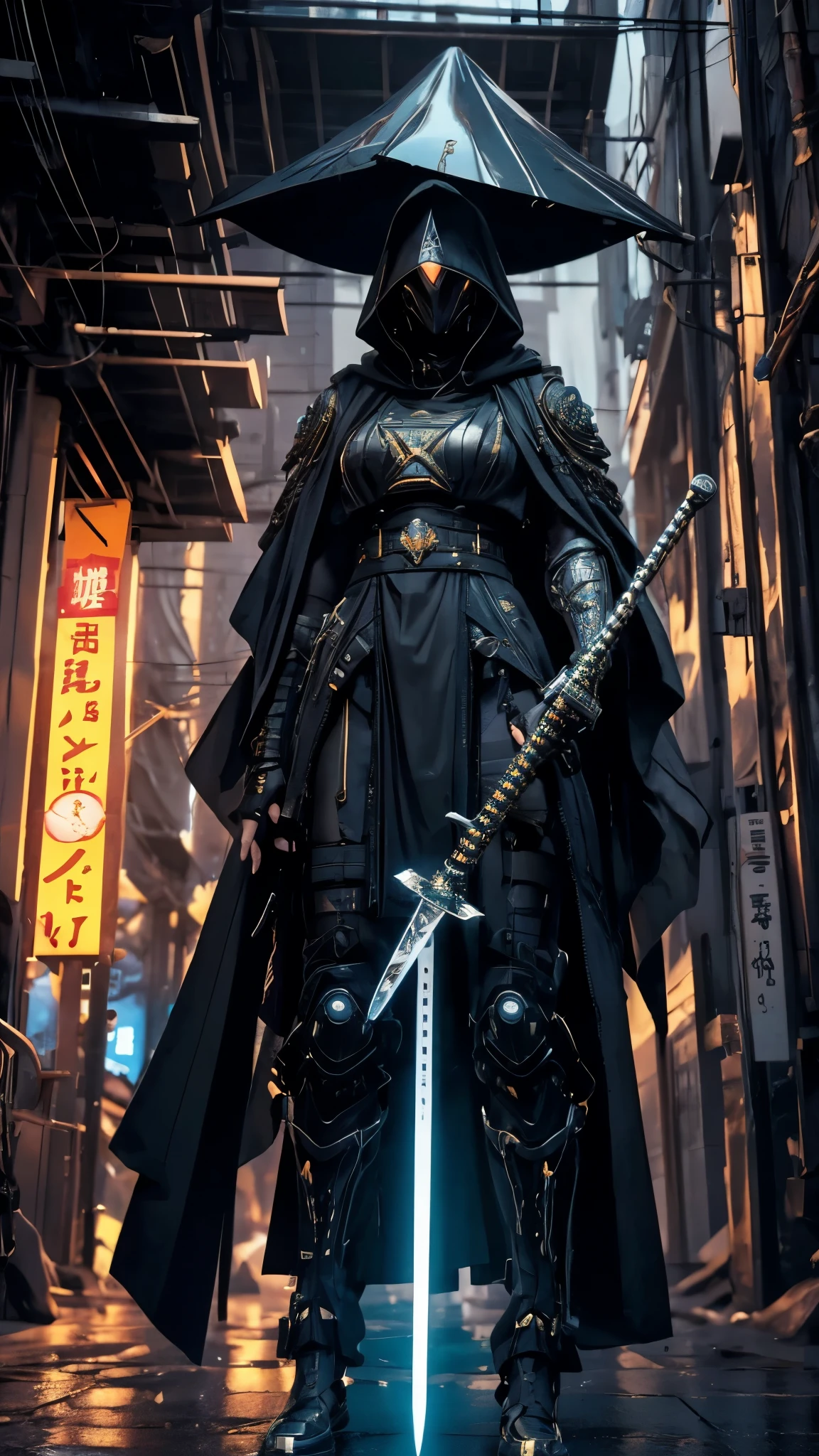 A nomadic robot, in the desert, wearing a messy shawl, holding a staff, wearing a large metal hat, rough, rusty, dusty body, thin frame, tall, cyberpunk, Cyborg., Surreal version of a woman holding a sword in her hand, very beautiful cyberpunk samurai, anime cyberpunk art, cyberpunk samurai, cyberpunk anime art, cyberpunk anime, cgsociety 9, technical cyberpunk anime art number, maciej's style kuciara.1girl, samurai armor, demon mask helmet, intricate decorations, details, cool colors, metallic, Egyptian details, extremely intricate details, sleek realistic lighting , trends in cgs society, glowing eyes, facing camera, neon details, surreal details, full body portraits, Japanese atmosphere, global illumination, shadows, octane rendering, 8k, super sharp. great lolita.fix body