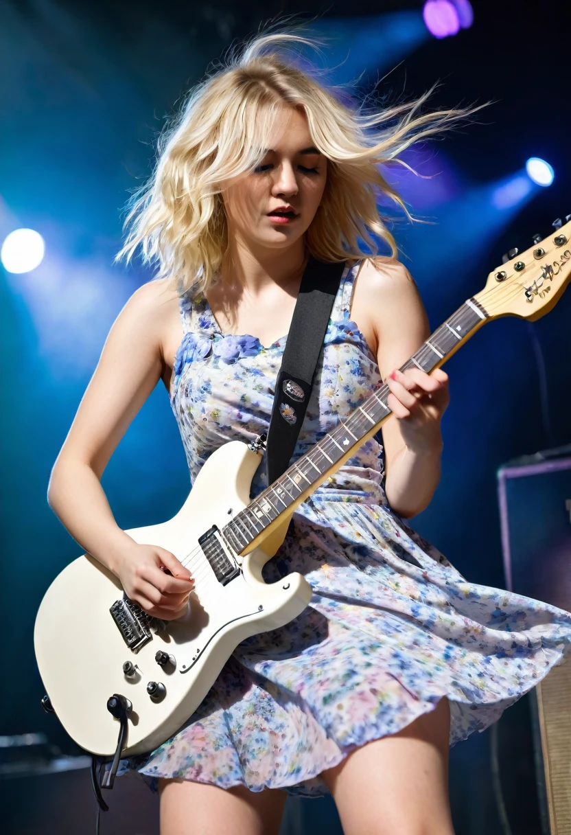 A beauty young woman with disheveled blonde hair and flowered dress playing a white electric guitar for the audience on the stage