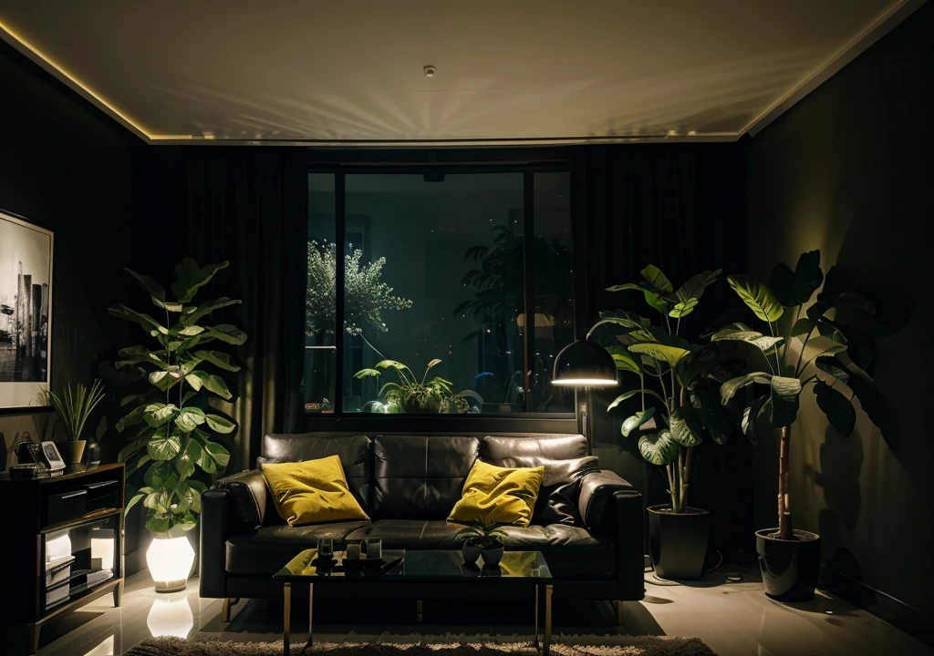 Futuristic living room at night, with a dim yellow ambient lighting, flowering plants, and a modern art decor on the dark wall