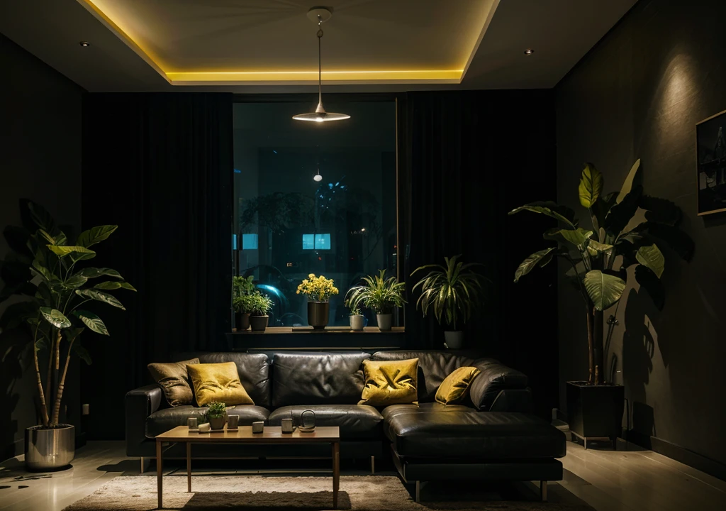 Futuristic living room at night, with a dim yellow ambient lighting, flowering plants, and a modern art decor on the dark wall