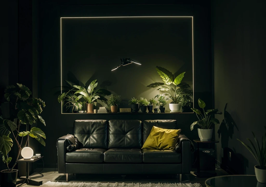Futuristic living room at night, with a dim yellow ambient lighting, flowering plants,  and a modern art decor on the dark wall