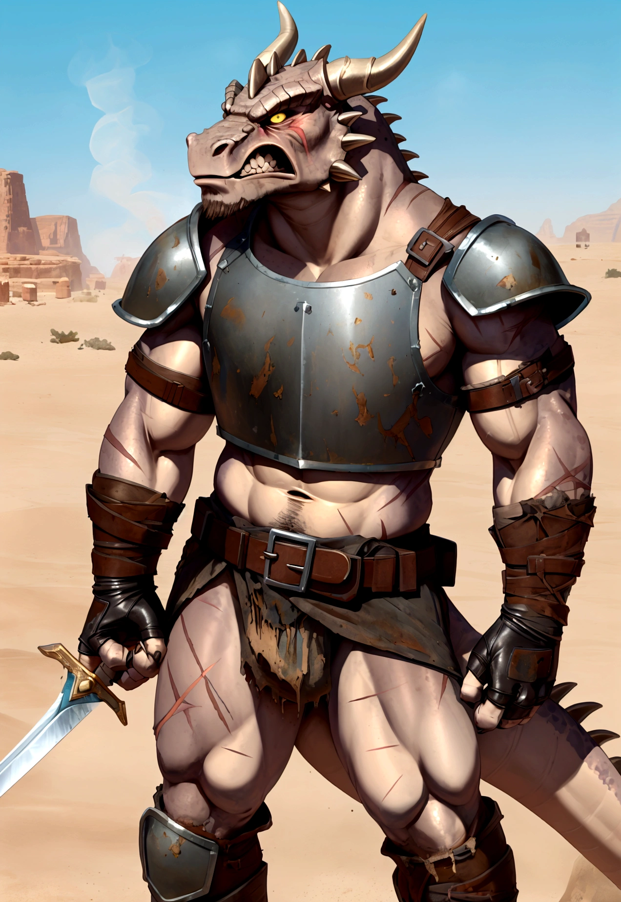 Solo Sexy anthro scalie dragon male mercenary medieval solider, slim endomorph muscular handsome model male apperance, sword scars, worn out rusty skimpy armament, low on hips heavy leather belt, old very worn out skimpy dirty linen material jockstrap, old yellow dirty worn out stains on white jockstrap, skimpy armlets studded breastplate armor, skimpy rusty breastplate, leather biceps tighs bondages, fingerless leather gloves, smelly unwashed husk, dirty body look, desert battlefield, battlefield aftermatch, standing in fighting ready position, legs wide open, close view of full character, angry hesitant, watchful eyes, angry, clenches his teeth