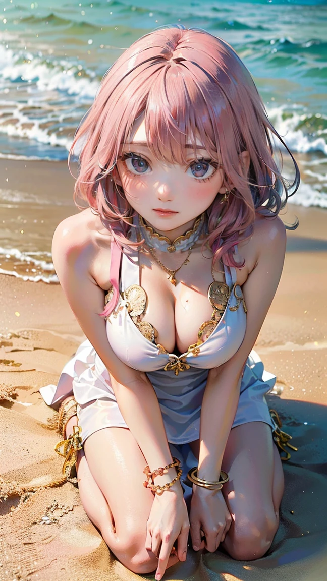 (Masterpiece, BestQuality:1.3), (ultra detailed:1.2), (hyperrealistic:1.3), (RAW photo:1.2), High detail RAW color photo, professional photograph, (Photorealistic:1.4), (realistic:1.4), professional lighting, perfect anatomy, (Big Breasts:1.2), (blush, detailed face), (cheerful Smile:1.5), (Pink Hair:1.5), Trending Hair&Trending Hairカラーをランダムに, earrings, necklace, bracelet, sexly, erotic sexly, Random sexy gravure poses, (A beautiful woman wearing a white halter neck dress、Winking while playing in the sand on the beach。Gold anklets decorate the feet。: 1.3)